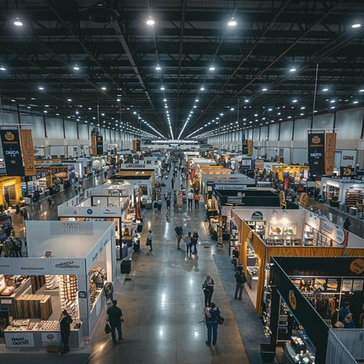 People walking around trade show booths.